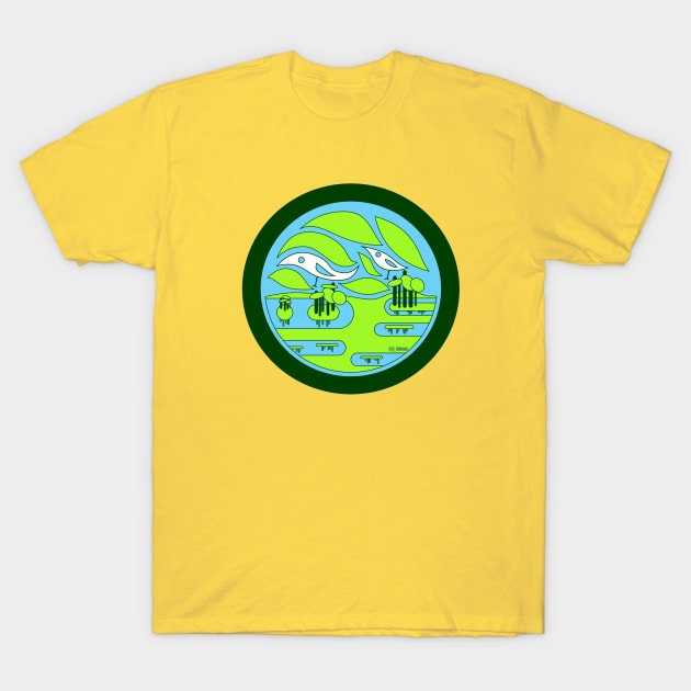 lake wetland creek ecosystem ecopop with sky birds art T-Shirt by jorge_lebeau